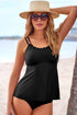 Black 2Pcs Solid Color Spaghetti Straps Tankini Set