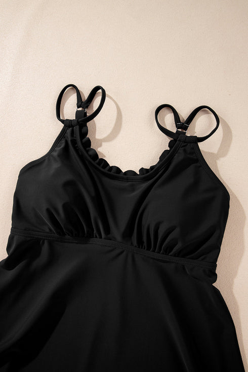 Black 2Pcs Solid Color Spaghetti Straps Tankini Set