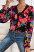 Black Abstract Printed Flounce Sleeve Lace V-Neck Blouse