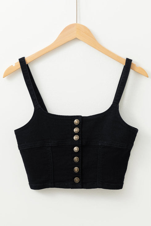 Black Acid Wash Buttoned Cropped Slim Denim Tank Top