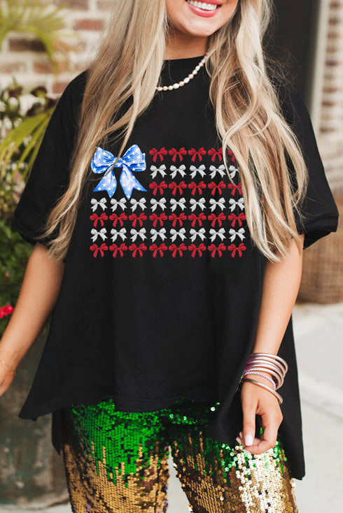 Black American Flag Inspired Bow Graphic Drop Shoulder T Shirt