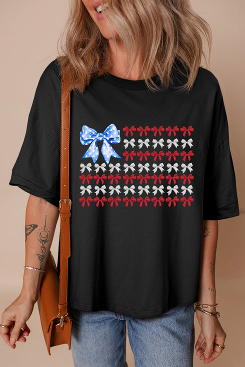 Black American Flag Inspired Bow Graphic Drop Shoulder T Shirt