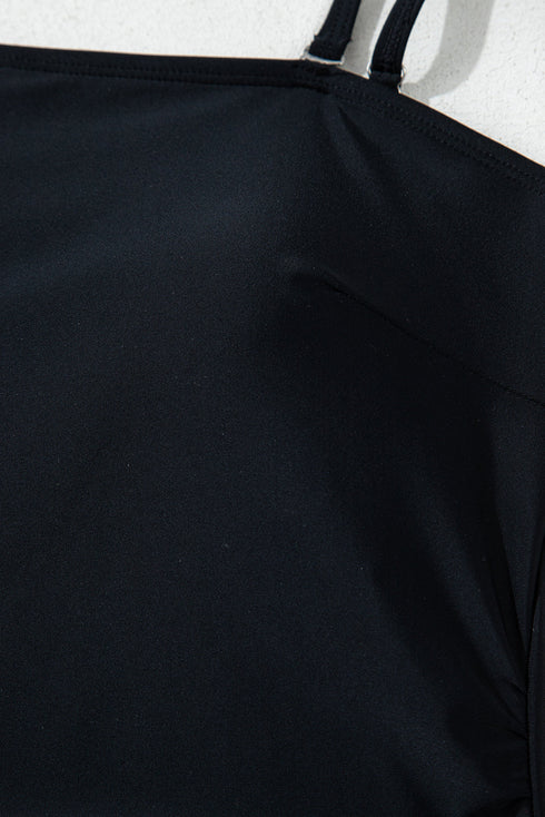 Black Asymmetric Ruffle Shoulder Pleated One Piece Swimsuit