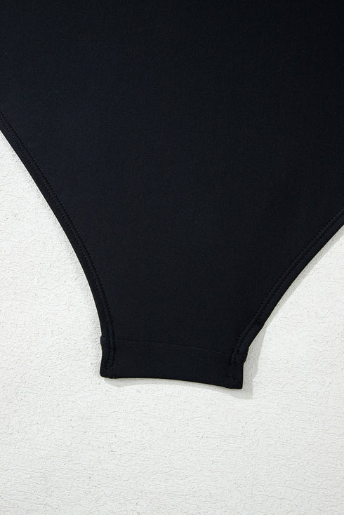 Black Asymmetric Ruffle Shoulder Pleated One Piece Swimsuit