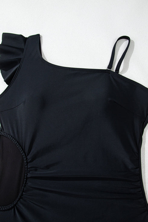 Black Asymmetric Ruffle Shoulder Pleated One Piece Swimsuit