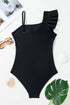 Black Asymmetric Ruffle Shoulder Pleated One Piece Swimsuit