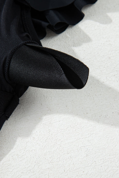 Black Asymmetric Ruffle Shoulder Pleated One Piece Swimsuit