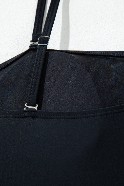 Black Asymmetric Ruffle Shoulder Pleated One Piece Swimsuit