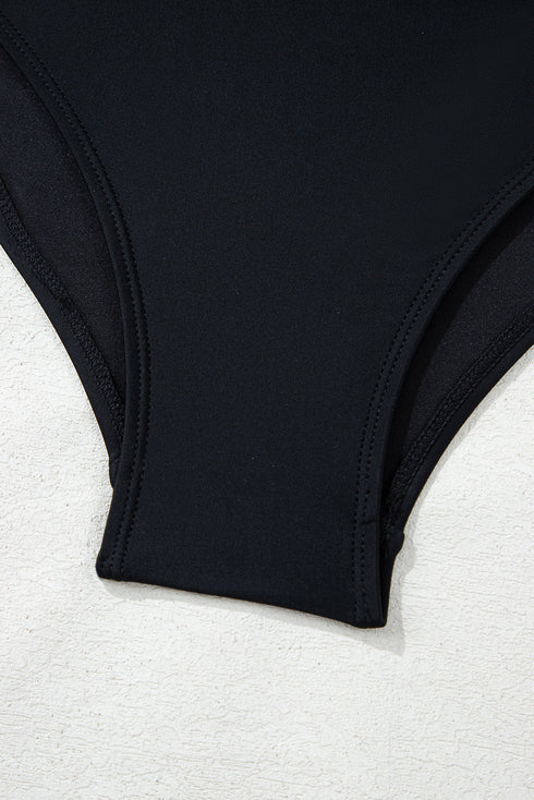 Black Asymmetric Ruffle Shoulder Pleated One Piece Swimsuit