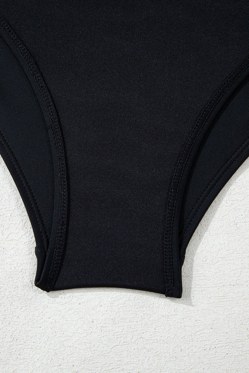 Black Asymmetric Ruffle Shoulder Pleated One Piece Swimsuit