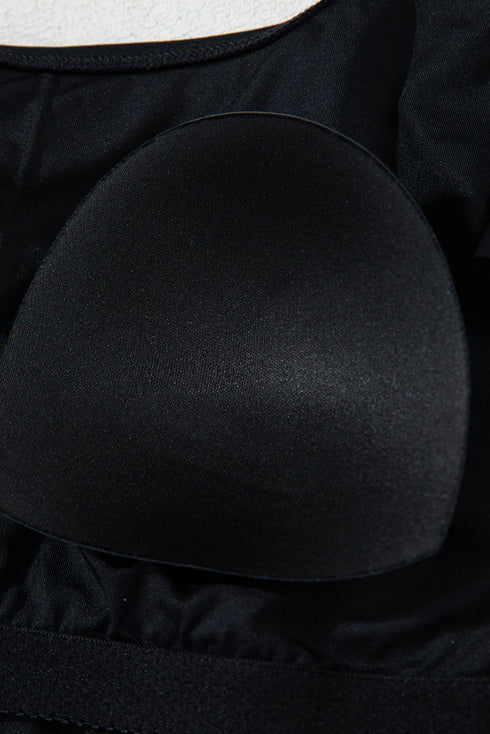 Black Asymmetric Ruffle Shoulder Pleated One Piece Swimsuit