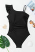 Black Asymmetric Ruffle Shoulder Pleated One Piece Swimsuit