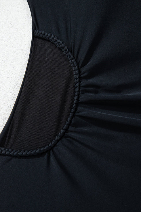 Black Asymmetric Ruffle Shoulder Pleated One Piece Swimsuit