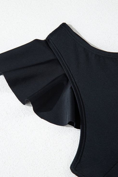 Black Asymmetric Ruffle Shoulder Pleated One Piece Swimsuit