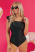 Black Asymmetric Ruffle Shoulder Pleated One Piece Swimsuit