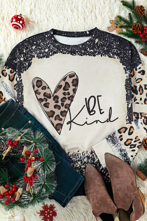 Black Be Kind Leopard Heart Bleached Print Sweatshirt