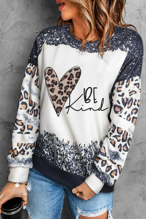 Black Be Kind Leopard Heart Bleached Print Sweatshirt
