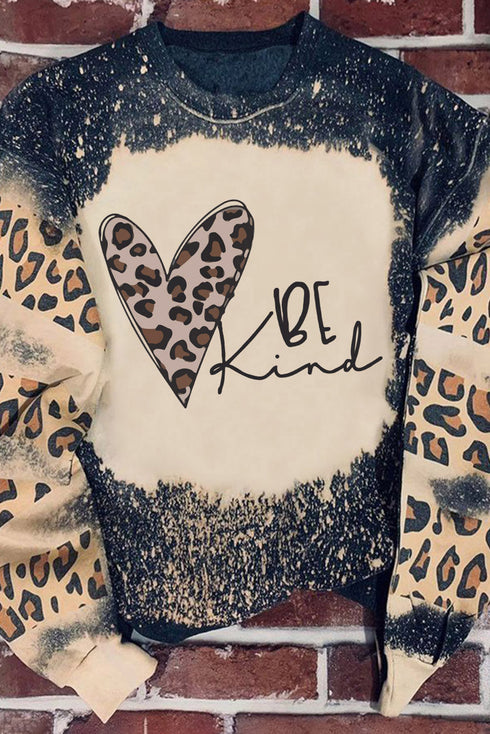 Black Be Kind Leopard Heart Bleached Print Sweatshirt