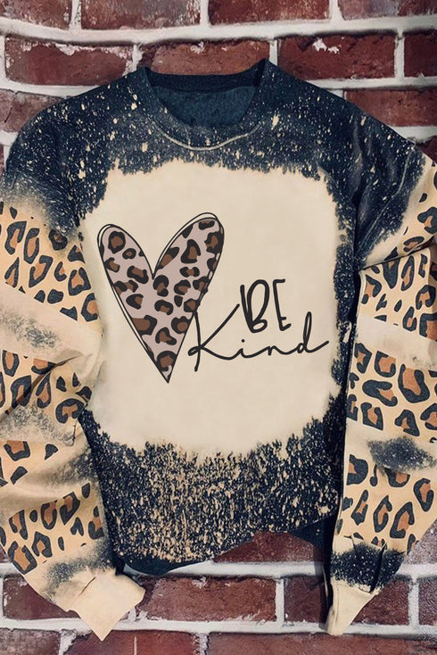 Black Be Kind Leopard Heart Bleached Print Sweatshirt