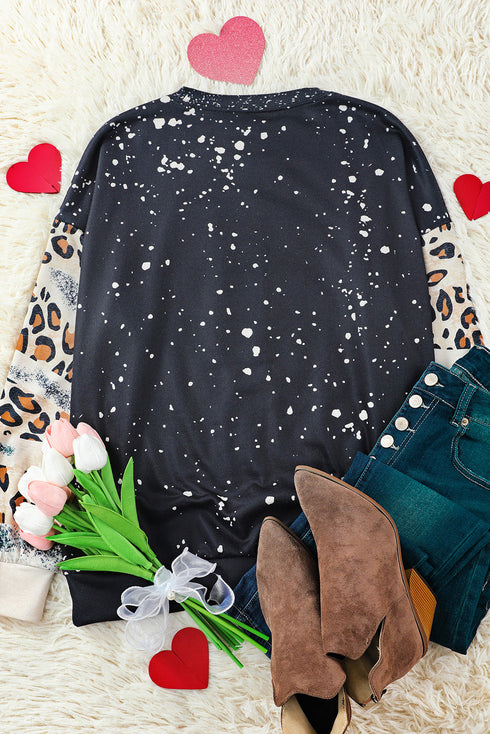 Black Be Kind Leopard Heart Bleached Print Sweatshirt