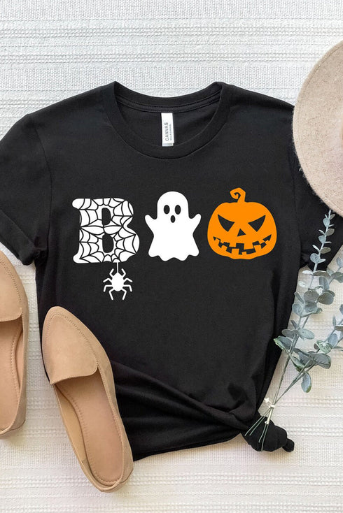 Black Boo Halloween Graphic Print Short Sleeve T Shirt