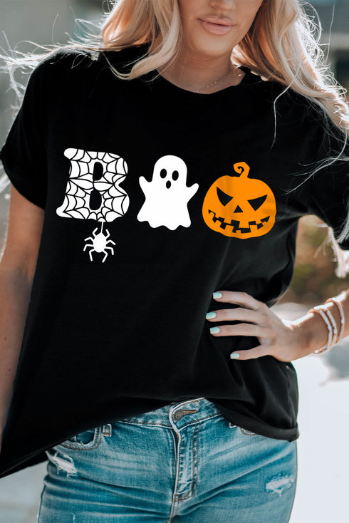 Black Boo Halloween Graphic Print Short Sleeve T Shirt