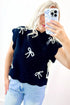 Black Bow Print Side Ties Scalloped Hem Sweater T Shirt