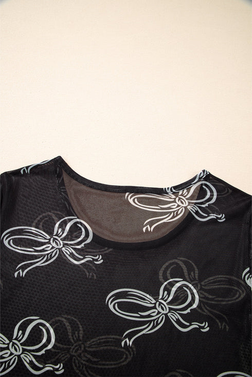 Black Bow Printed Mesh Short Sleeve Top