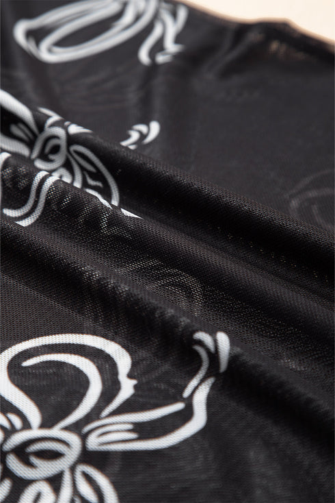 Black Bow Printed Mesh Short Sleeve Top
