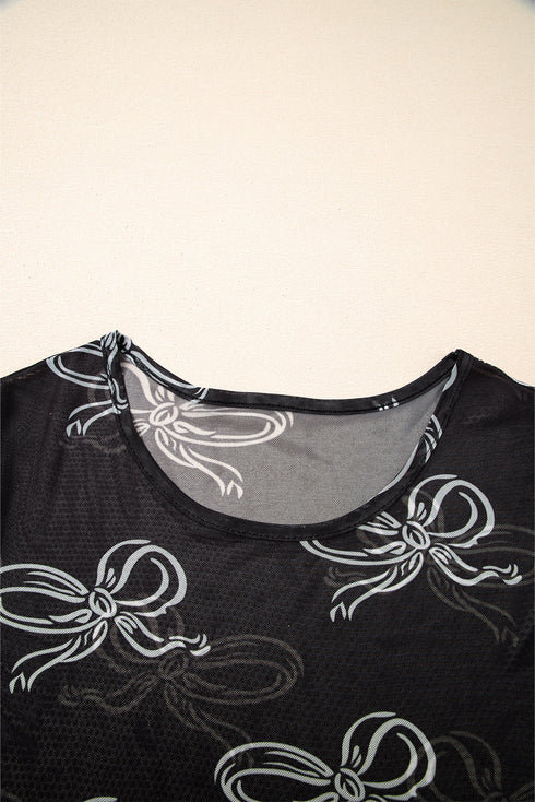 Black Bow Printed Mesh Short Sleeve Top