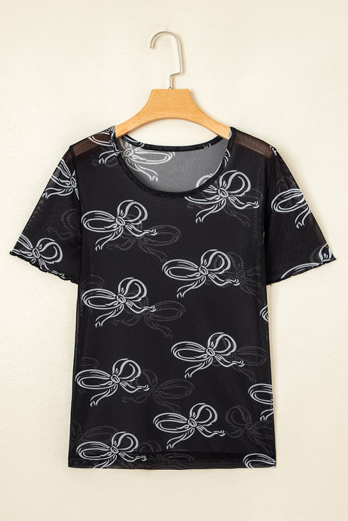 Black Bow Printed Mesh Short Sleeve Top