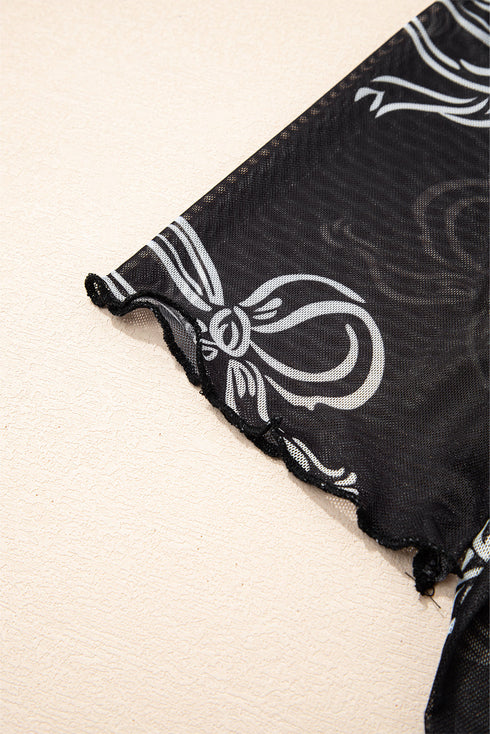 Black Bow Printed Mesh Short Sleeve Top