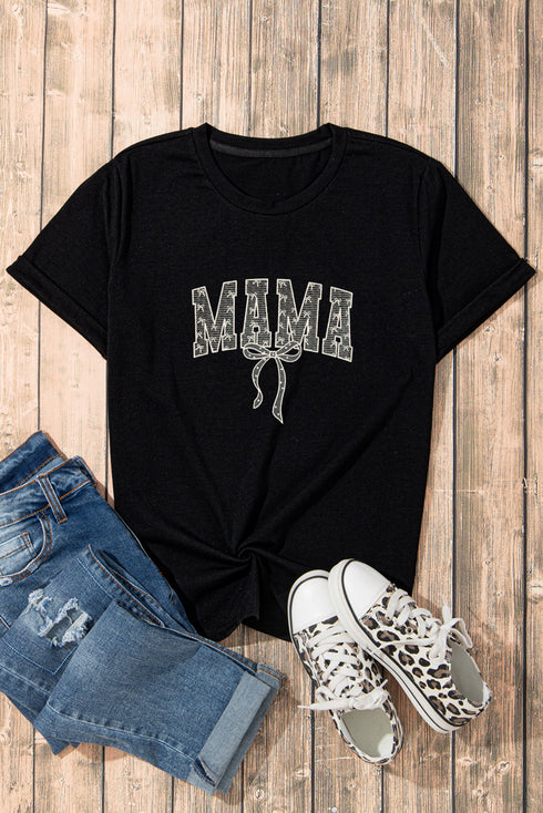 Black Bowknot MAMA Embroidered Crewneck Mothers Day T Shirt