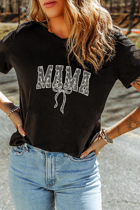 Black Bowknot MAMA Embroidered Crewneck Mothers Day T Shirt