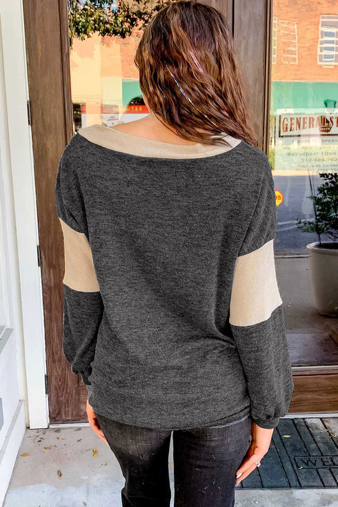 Black Brushed Contrast Knit V Neck Colorblock Long Sleeve Top