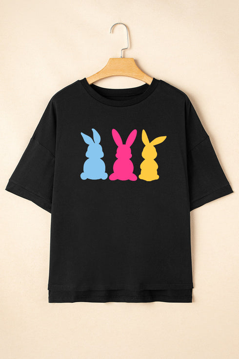 Black Bunny Graphic Drop Shoulder Hi Low Casual Tee