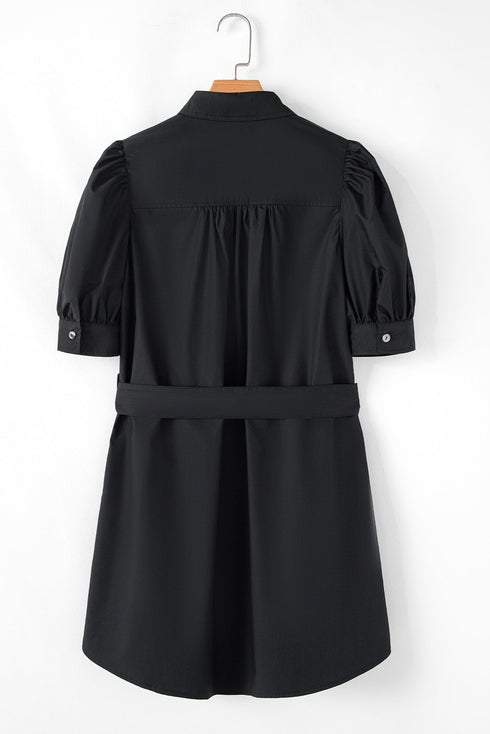 Black Button Up Tie Waist Puff Sleeve Mini Dress