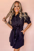 Black Button Up Tie Waist Puff Sleeve Mini Dress