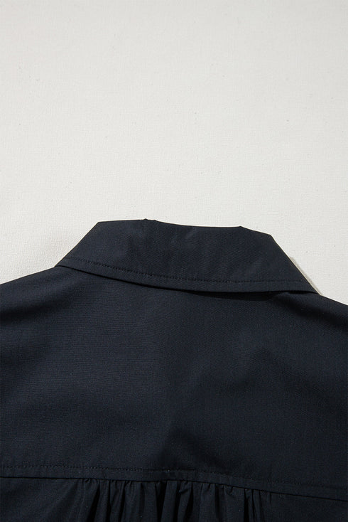 Black Button Up Tie Waist Puff Sleeve Mini Dress