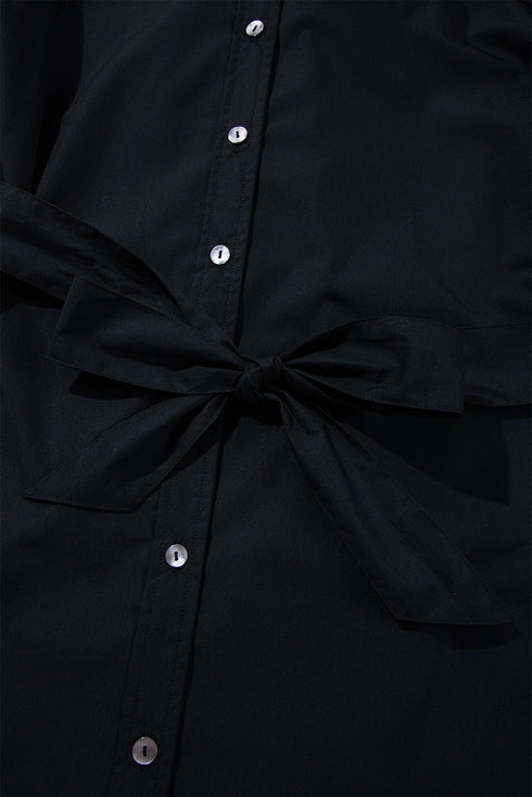 Black Button Up Tie Waist Puff Sleeve Mini Dress