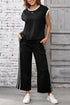 Black Cable Knit Contrast Trim Short Sleeve Top and Pants Set