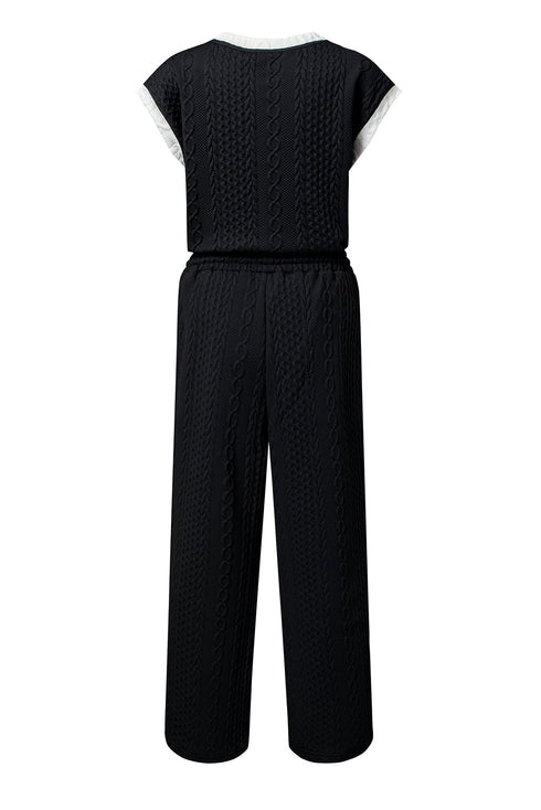 Black Cable Knit Contrast Trim Short Sleeve Top and Pants Set