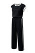 Black Cable Knit Contrast Trim Short Sleeve Top and Pants Set
