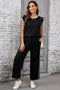 Black Cable Knit Contrast Trim Short Sleeve Top and Pants Set