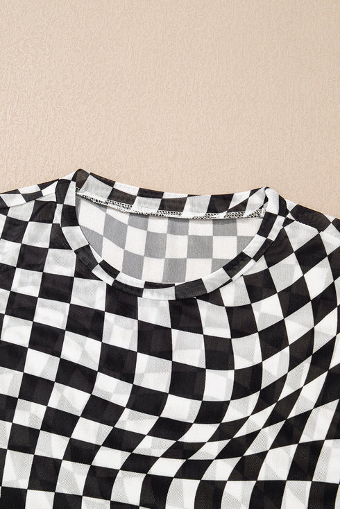 Black Checker Mesh Crew Neck T Shirt