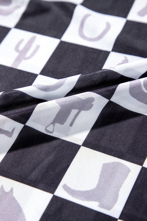 Black Checkerboard Western Elements Printed Mesh Long Sleeve Top