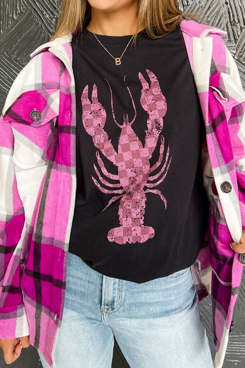 Black Checkered Lobster Print Crew Neck T Shirt