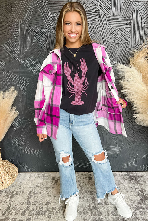 Black Checkered Lobster Print Crew Neck T Shirt