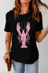Black Checkered Lobster Print Crew Neck T Shirt