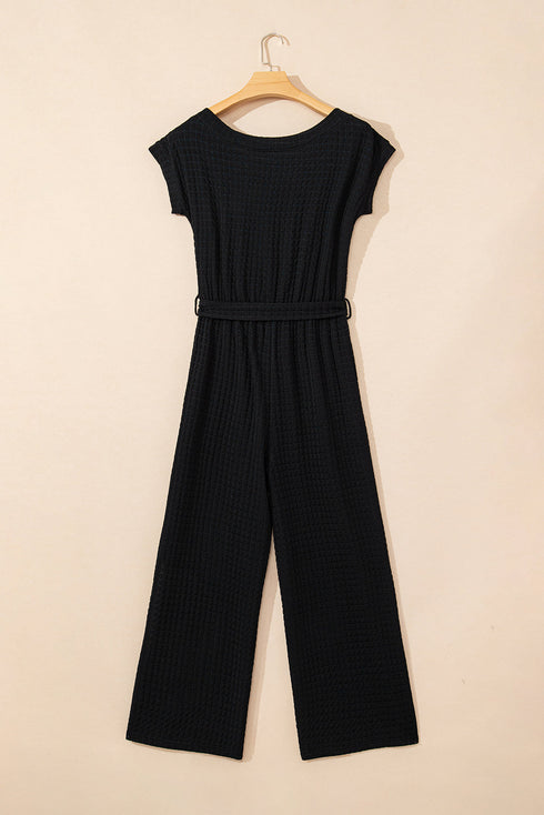 Black Checkered Mesh One Shoulder Short Sleeve Knotted Waist Jumpsuit